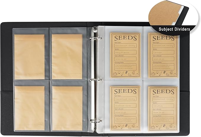 Seed Storage Binder for Gardeners – Seed Packet Organizer Binder with Side-Loading Sleeves, Dividers & Blank Seed Envelopes | Garden Seed Storage System Holds 100 Packets