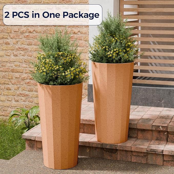 23.6" Tall Planters for Outdoor Plants, Rust Large Outdoor Planters for Porch Decor with Drainage Hole, Wide Stripe Flower Pots Fits Indoor Plants Patio/Garden, Plastic Terracotta (2 Pack)