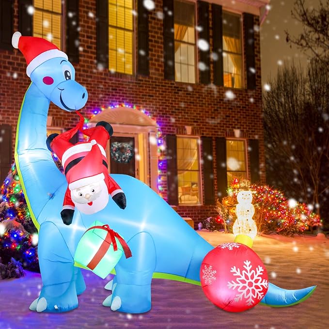 Christmas Inflatables Christmas Blow Up Yard Decorations Christmas Inflatable Dinosaur Play with Santa Clause Gift Boxes LED Lighted Up Yard Lawn Garden Home Party Decor