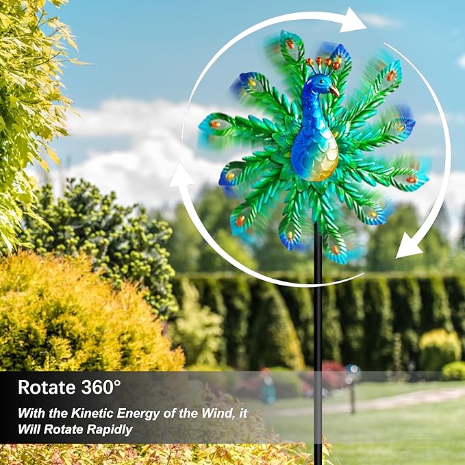 Outdoor Wind Spinner, 37" Metal Peacock Wind Spinner, Peacock Sculpture Garden Wind Spinners for Garden Yard Patio Decoration
