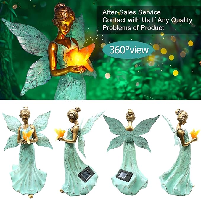 Solar Fairy Garden Statue Decor - Xmas Gifts for Women Mom Grandma Sister Christmas, 10 Inch Leaf Angel Girls Resin Home Decoration with Hummingbird LED Lights for Bedroom Balcony Outdoor Yard Patio