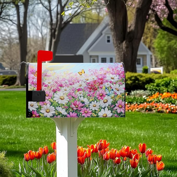 Pink Flower Mailbox Cover Summer Butterfly Mailbox Covers Magnetic Standard Size Spring Daisy Mail Box Wrap Colorful Floral Post Letter Box Cover 21x18 inch for Garden Farmhouse Outdoor Decoration