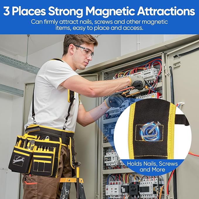 Tool Belts for Men, Tool Belt Suspenders, Heavy Duty Tool Belts with 28 Pockets, Magnetic Tool Belt with Suspenders for Carpenters Electricians Framers, 32''-66'' Adjustable Waist