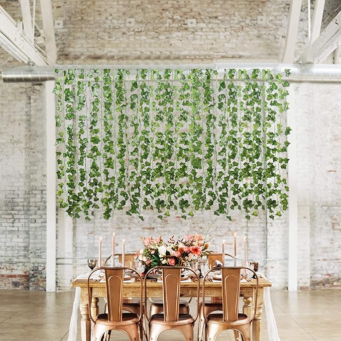 Flojery 78Ft 12pcs Silk Artificial Ivy Vine Hanging Leaves Plant Greenery Decor Party Home Garden Wedding Wall Decor (Green)