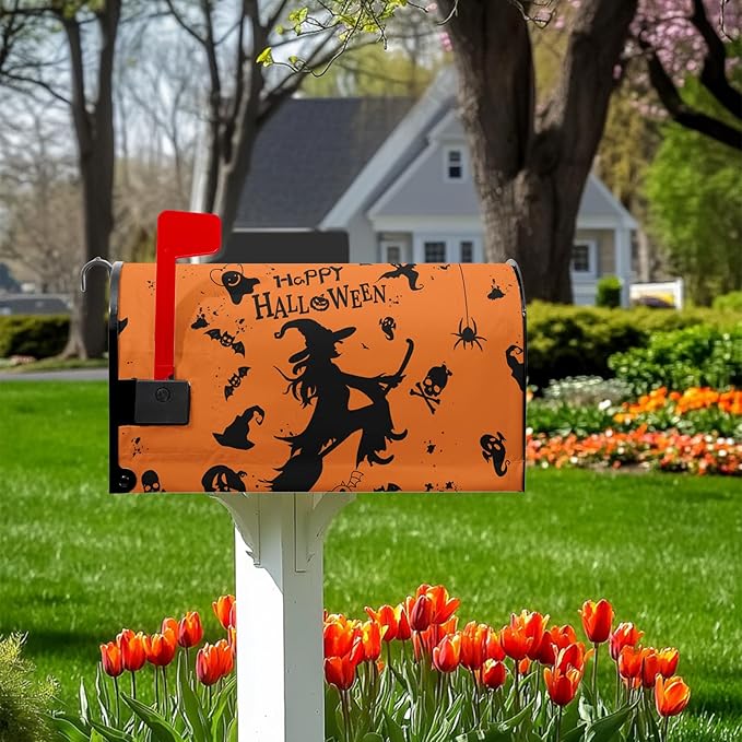 Happy Halloween Mailbox Covers Magnetic Standard Size 21x18 inch Witch Spider Mail Box Cover Skull Ghost Post Letter Box Cover for Outdoor Garden Decor Orange