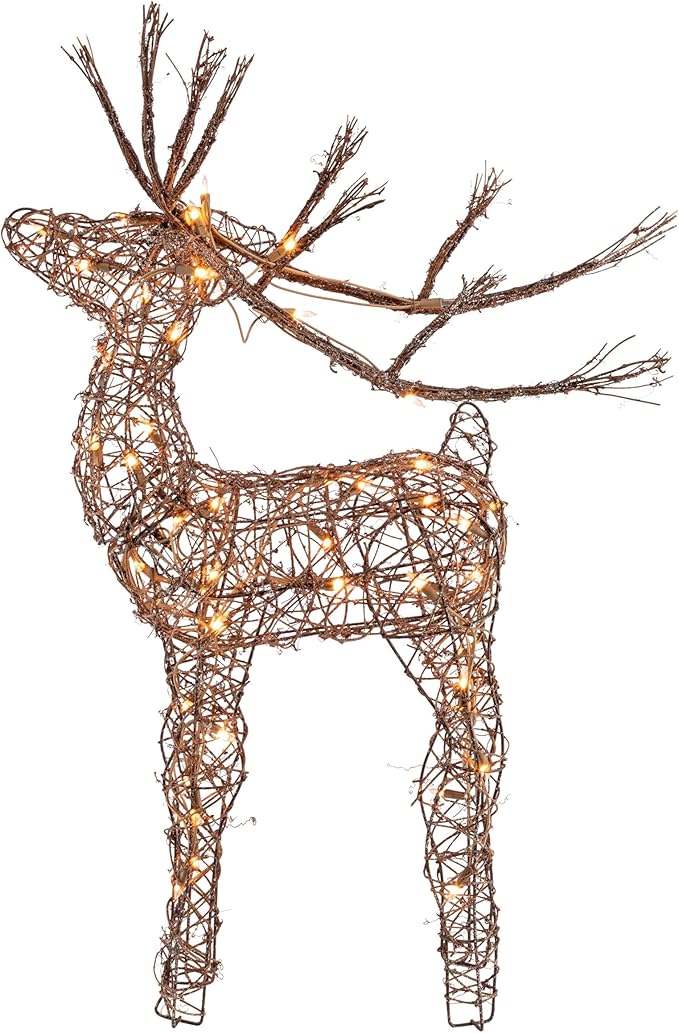 Alpine Corporation 35" Tall Outdoor Lighted Rattan Reindeer Christmas Yard Decoration with 60 Warm White LED Lights for Lawn Display, Brown
