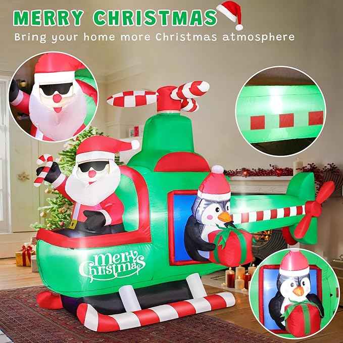 FunFanso 6.5FT Christmas Inflatable Santa Claus on Helicopter Outdoor Decorations with Bright LED Lights, Christmas Blow Up Santa Flying Airplane with Penguin for Xmas Decor Lawn Yard Holiday Party