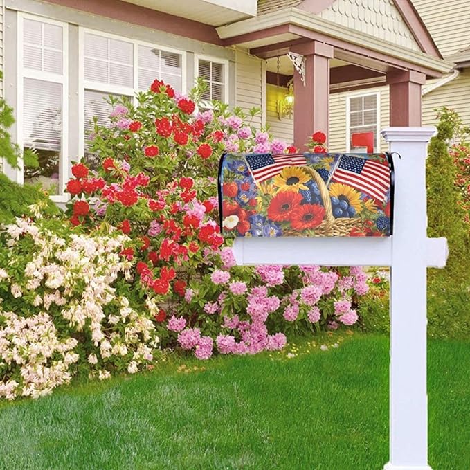 4th of July American Flag Floral Mailbox Covers Magnetic Letterbox Covers 21x18 Inch for Garden Outdoor Decoration