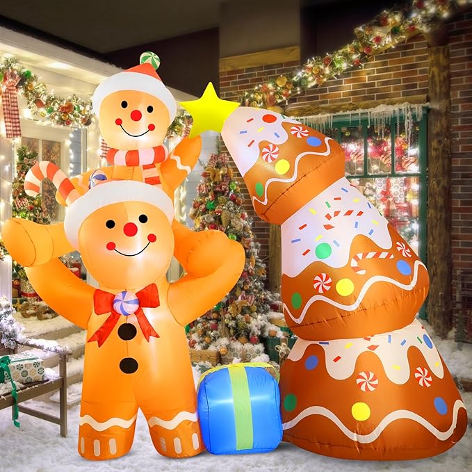 7.2 FT Christmas Inflatables Yard Decorations Outdoor Gingerbread Man and Christmas Tree Inflatables Decorations Built-in LED Lights, Christmas Blow Up for Outdoor, Yard, Roof, Lawn