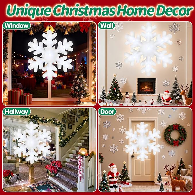 6FT Christmas Hanging Inflatable Snowflake Giant Blow Up Snowflake Ornaments Built-in 7 LED Lights for Christmas Inflatables Outdoor Decorations Winter Xmas Party Supplies Window Roof Wall Yard