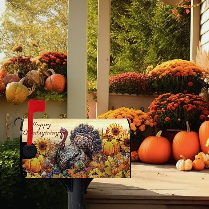 Happy Thanksgiving Turkey Mailbox Covers Magnetic Standard Size 21 x 18 Inch Fall Sunflower Pumpkin Mailbox Cover Wrap Thanksgiving Letter Box Post Cover Outdoor Decorations for Garden Yard