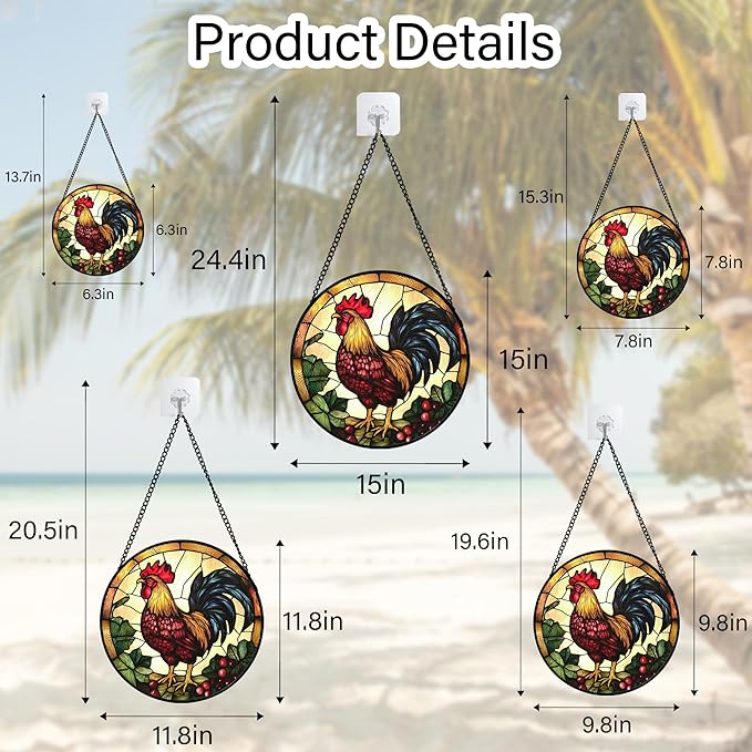 Stained Glass Window Hanging, Colorful Big Cock Sun Catcher for Window Door Home Decor, Chicken Suncatcher Christmas Mother's Day Birthday Gifts for Women Men Mom and Nana 11.8 in