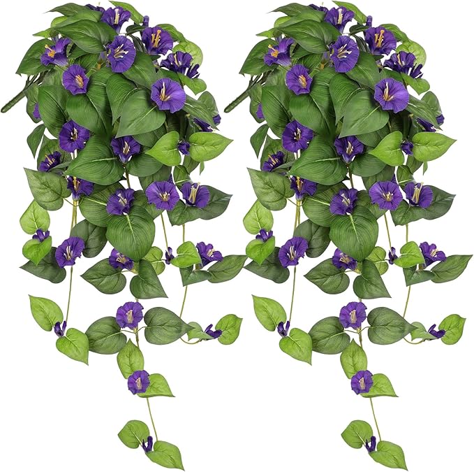 Briful Artificial Hanging Flowers 2 Pack 25.6" Fake Morning Glory Silk Floral Bush Faux Hanging Plants Outdoor Fake Flowers for Home Porch Garden Balcony Decoration(Purple)