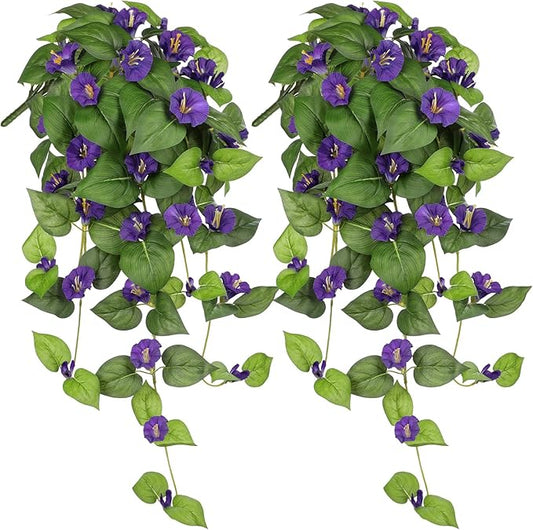 Briful Artificial Hanging Flowers 2 Pack 25.6" Fake Morning Glory Silk Floral Bush Faux Hanging Plants Outdoor Fake Flowers for Home Porch Garden Balcony Decoration(Purple)