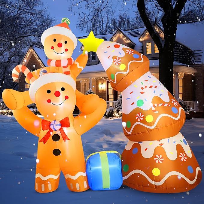 7.2 FT Christmas Inflatables Yard Decorations Outdoor Gingerbread Man and Christmas Tree Inflatables Decorations Built-in LED Lights, Christmas Blow Up for Outdoor, Yard, Roof, Lawn