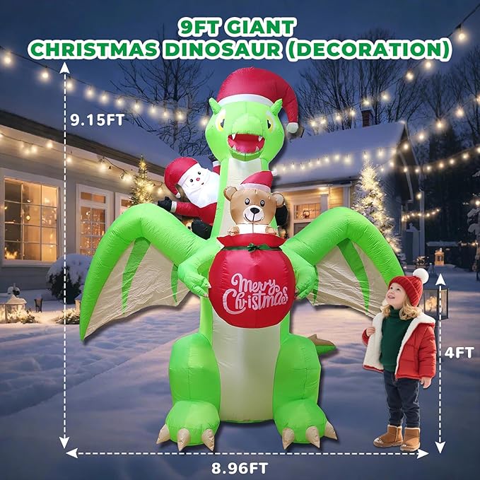9 FT Giant Dinosaur Christmas Inflatable Decorations,with LED Lights - Santa Riding Dinosaur Christmas, Heavy-Duty Blower for Indoor/Outdoor Holiday Party Decor Weatherproof, Eye-Catching Xmas Display