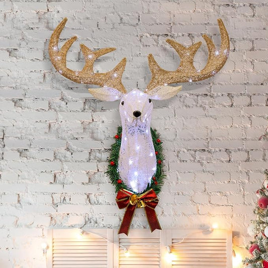 zekirose Lighted Christmas Reindeer Head Wall Decor，3D Rudolph Hanging Wreath，50 Waterproof Lights for Indoor/Outdoor Use. Decoration during Xmas Holidays. Ideal Christmas Deer Outdoor Décor.