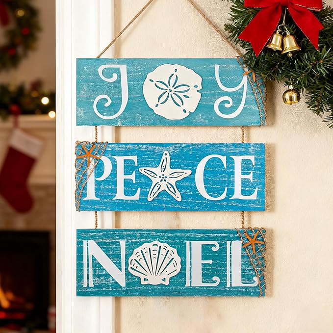 JQAQJU Beach Christmas Wall Decor for Coastal Christmas Ornaments With Starfish, 3D Nautical Christmas Decorations Ocean Signs For Porch Bathroom Indoor Home