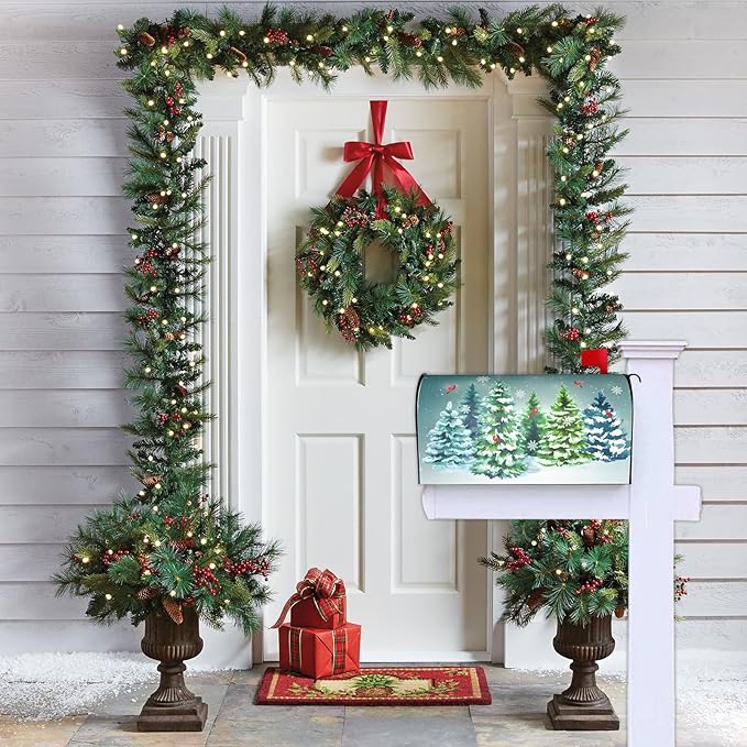Pine Tree Winter Welcome Christmas Mailbox Cover, Xmas Cardinal Snow 25.1" Lx 21" W Magnetic Mailbox Cover, Green Forest Red Bird Large Post Letter Box Wrap Decoration for Yard Garden