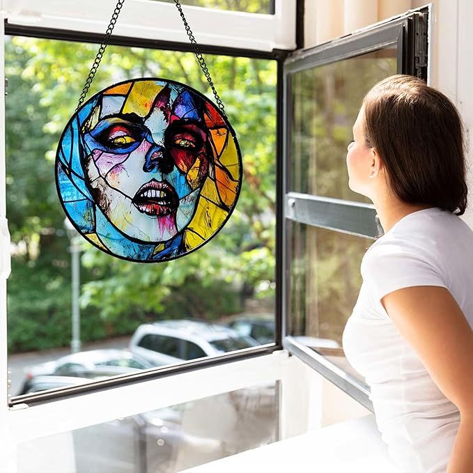 Stained Glass Window Hanging Halloween Horror Night Bloodstained Face 9.8" - Suncatcher Door Garden Sun Catcher Gothic Decor Birthday Evil Funny Gift for Mom Woman Nana Friend Men