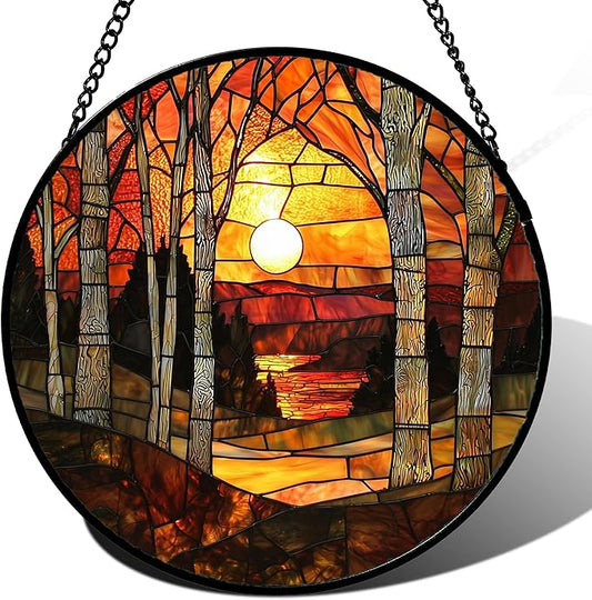 Stained Glass Window Hanging, Orange Red Landscape Forest Lake Moon Suncatcher for Doors Window Home Sun Catchers Decor Mother's Day Birthday Gifts for Women Men Mom 7.8 in
