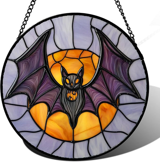 Stained Glass Window Hanging Halloween Black Purple Bat Monster Moon Large 15" - Suncatcher Door Garden Sun Catcher Gothic Decor Birthday Horror Funny Gift for Mom Woman Nana Friend Men