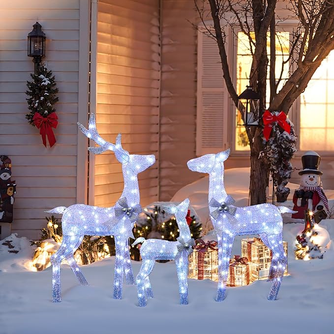 LuxenHome 3PCs Reindeer Christmas Decoration, Lighted Reindeer Family with Silver Bow and Ornament, 240 Cool White LED Lights, Front Porch Christmas Decorations Indoor & Outdoor Yard Decor