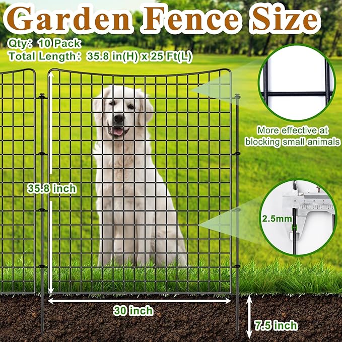10 Panels Garden Fencing Animal Barrier, 36in(H) X 25ft(L) Dog Fence Outdoor for Yard Rustproof No Dig Decorative Tall Rabbit Fences Metal Wire Panel Border Patio Ground Stakes