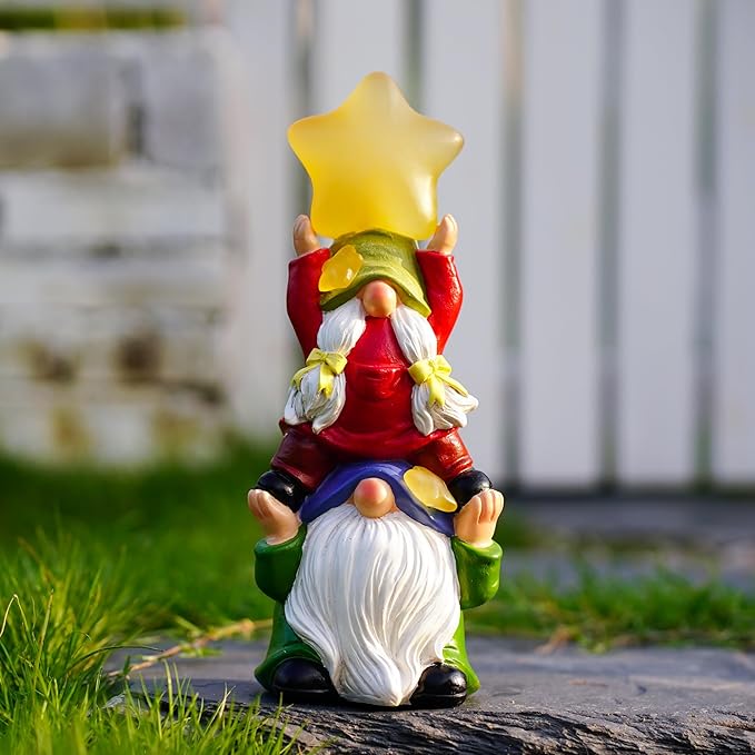 Solar Garden Gnomes Outdoor Statue with Solar Lights, 11" Figurine Lights Solar Garden Outdoor Decorations for Patio,Yard,Lawn Ornament，Mom Gift Unique Housewarming Gifts