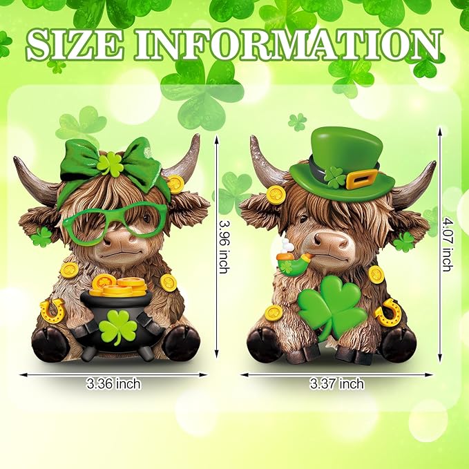 Karenhi 2 Pcs St. Patrick's Day Highland Cow Figurines Irish Shamrocks Leprechaun Green Highland Cow Gnomes Scottish Resin Statue Calf Lovers Gifts for Home Kitchen Office Tiered Tray Table Decor