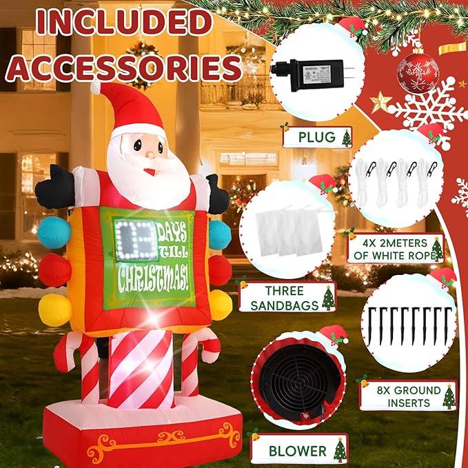 7FT Santa Claus Countdown Street Sign Inflatable Decoration with Built-in LED Lights, Christmas Outdoor Inflatable Decoration for Lawns, Yards, Gardens, and Patios