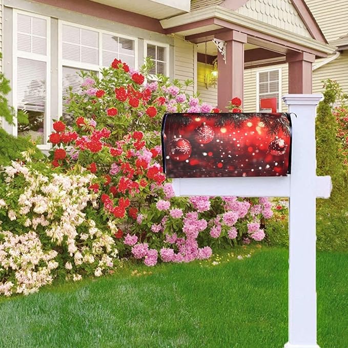 Festive Magnetic Mailbox Cover Red Christmas Ball Pattern Outdoor Mailbox Protector Holiday Seasonal Decorative Garden Yard Home Large Size 25.5 x 21 Inch