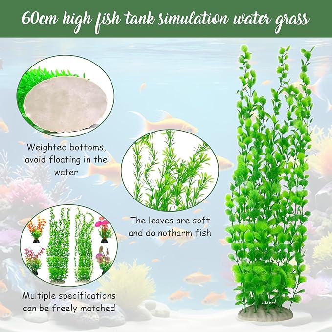 6 pcs Tall Aquarium Plastic Plants, Featuring Two 23.6-inch Green and Four 3.9-inch Multi-Color - Artificial Plastic Plants for Fish Habitat Decor, Safe Bendable Underwater