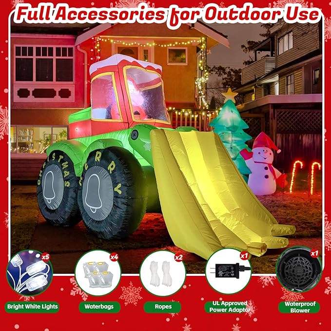 7FT Long Christmas Inflatables Santa Claus Drives Bulldozer, Funny Christmas Blow Ups Construction Vehicle Decoration, Built-in LEDs for Holiday Party Front Garden Lawn Yard Patio Outdoor