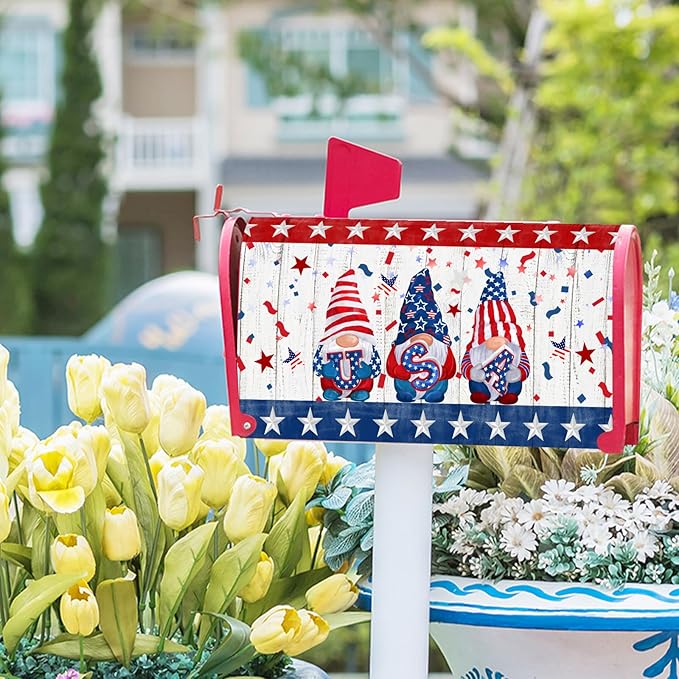Patriotic Gnomes Mailbox Cover Magnetic 4th of July Elf USA Stars Independence Day Mailbox Wrap Post Cover Large Size 25.5"x21" for Garden Yard Outdoor Outside Holiday Decor