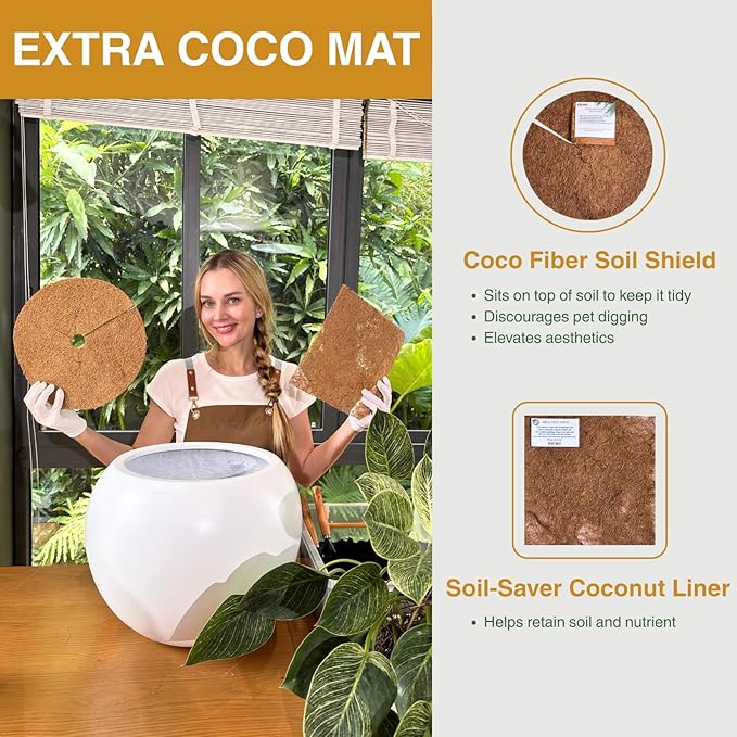 12.8" H x 16" D Globo Fiberstone Round Planter - Christmas Tree Planter, Smooth Finishes, Weather Resistant for Indoor & Outdoor Use, Included 2 Extra Coco Mats (White, 10.7" Pot Opening)