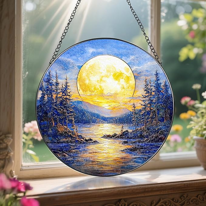 8'' Full Moon Over Forest Lake Suncatcher Ornament, Stained Glass Window Hanging, Sun Catchers for Windows Hanging Ornaments, Window Decor | Gifts for Christmas, Birthday, Father's Day