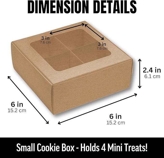 25 pcs Kraft Mini Cookie Boxes for 4 treats with Window and Dividers, Kraft Bakery Boxes, 6 x 6 x 2.4 Inches SMALL Baking Boxes, Square Cookies Box Decorating Supplies for Gift Giving