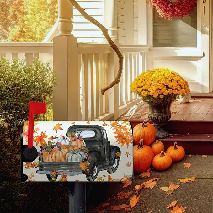 Fall Harvest Mailbox Covers Magnetic Standard Size Thansgiving Pumpkin Mailbox Post Cover Maple Leaves Truck Mailbox Decor Waterproof Mailbox Wraps Mail Cover for Garden Yard 21 * 18 Inch