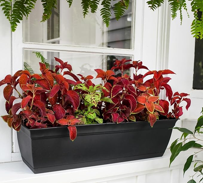 The HC Companies 24 Inch Eclipse Window Planter Box with Drainage Holes & Attached Saucer, Lightweight UV-Resistant Plastic Outdoor Planters, 2-Pack Flower Box for Garden & Home Decor, Black