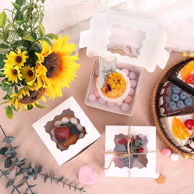 Moretoes 120pcs White Bakery Boxes, 4x4x2.5 Inch Cookie Boxes with Window for Small Cake, Treats, Donuts, Candy