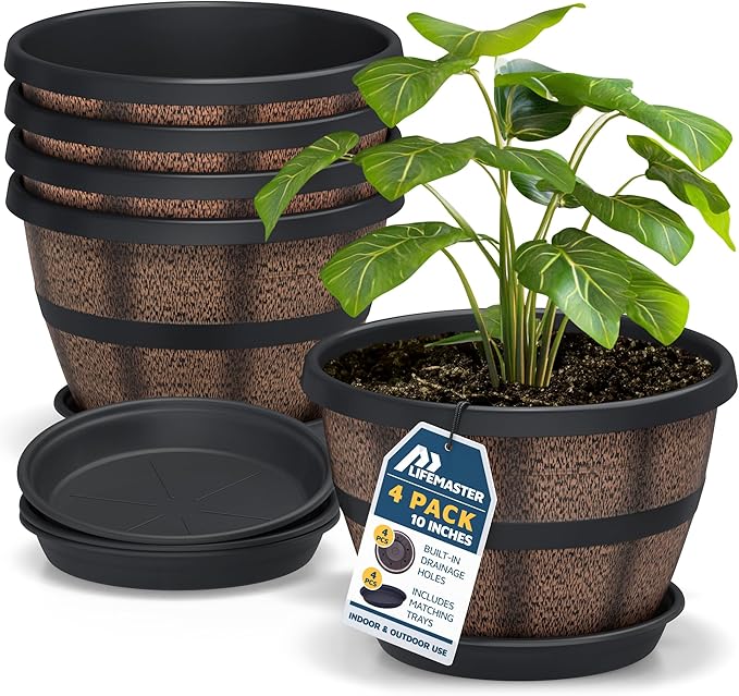 Lifemaster 10-Inch Whiskey Barrel Planters Outdoor Pack of 4, Plastic Decoration Plant Pots for Indoor & Outdoor Use with Drainage & Saucer, Rustic Garden Planters for Flowers, Small Plants & Herbs