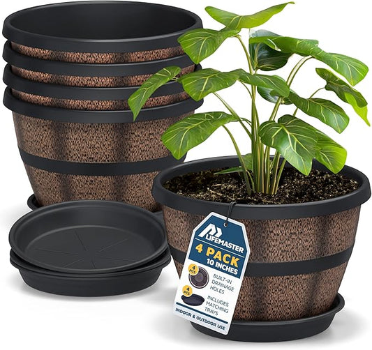 Lifemaster 10-Inch Whiskey Barrel Planters Outdoor Pack of 4, Plastic Decoration Plant Pots for Indoor & Outdoor Use with Drainage & Saucer, Rustic Garden Planters for Flowers, Small Plants & Herbs