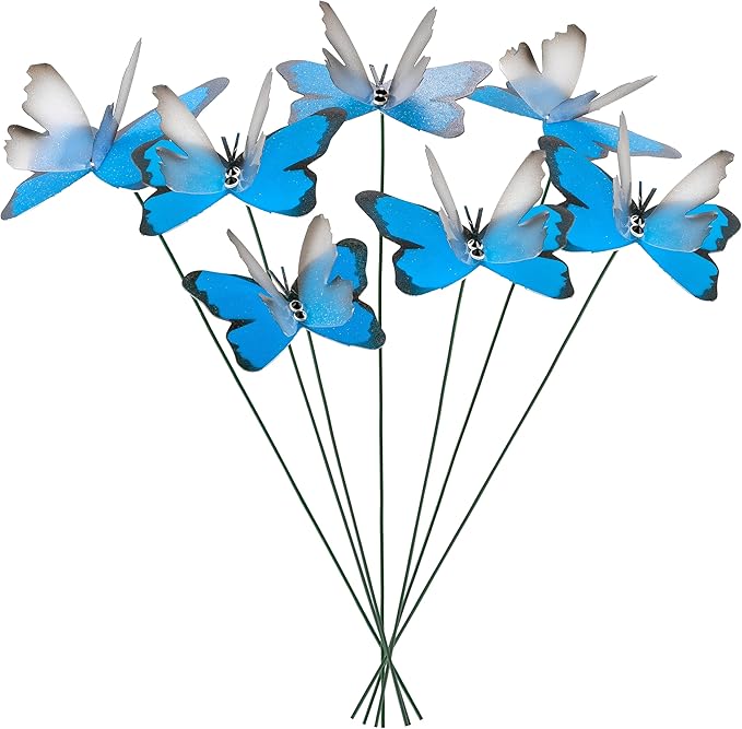 Handmade Sky Blue Butterfly Garden Stakes Set of 7 - Decorative Outdoor & Indoor Plant Decor - Nature Lover Gift Idea by Air Aquarium Kushner