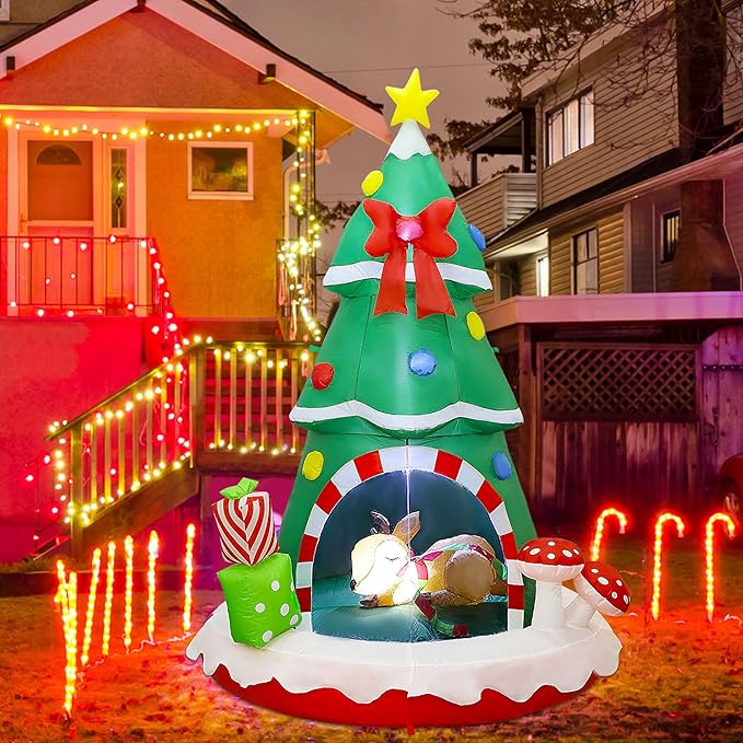 Joliyoou Christmas Inflatable Decoration, 7.2FT H Air-Blown Lighted Christmas Tree Sleeping Inside A Deer, Jumbo Blow Up Xmas Tree Adorned with Red Bow Gift Boxes for Outdoor Indoor Decor