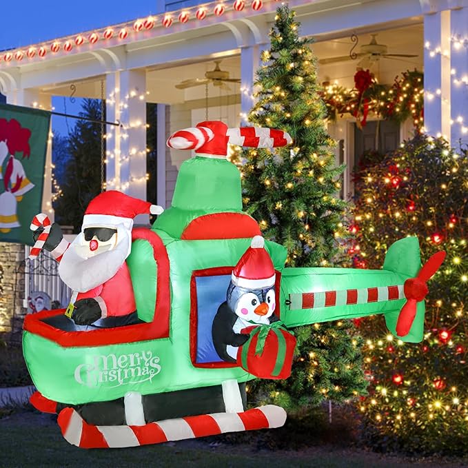 VCUTEKA Christmas Inflatables Outdoor Decorations, 6.5FT Santa Flying Animated Airplane with Penguin Blow Up Built-in LED Lights for Holiday Yard Garden Lawn Xmas Decor