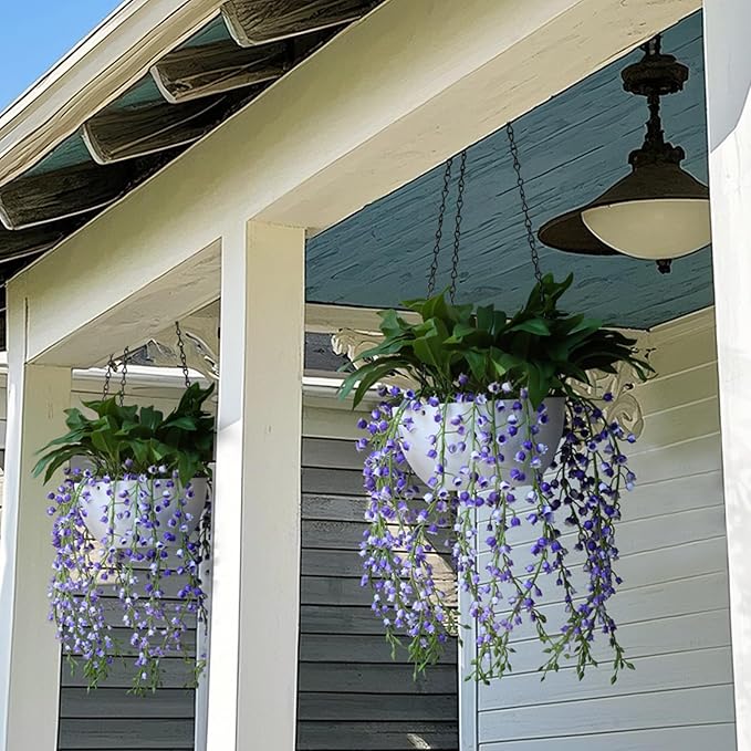 alyptus Hanging Planters for Indoor Plants Fake Flowers - 2-Pack Artificial Hanging Lily of The Valley with Pot - White Faux Flowers in Planters for Indoor Décor