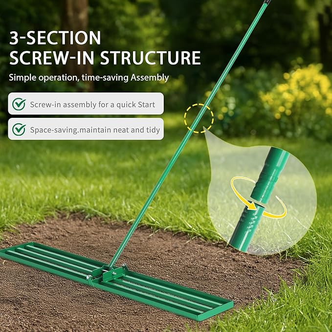 VINGLI Iron Lawn Leveling Rake 36in for Soil Sand Composs, Extended Handle, 180°Rotation Head, with All Handwares, for Yard Garden Golf Field, Green (36in)