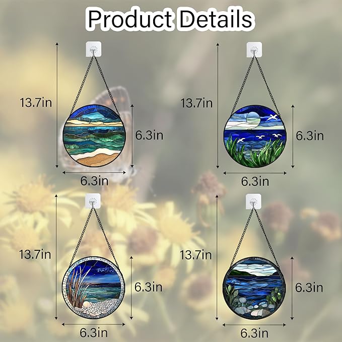 Stained Glass Window Hanging 4 Pcs Set Navy Blue Ocean Landscape 6.3" - Suncatcher Door Garden Sun Catcher Decor Birthday Mother's Day for Mom Woman Nana Girl Boy Friend
