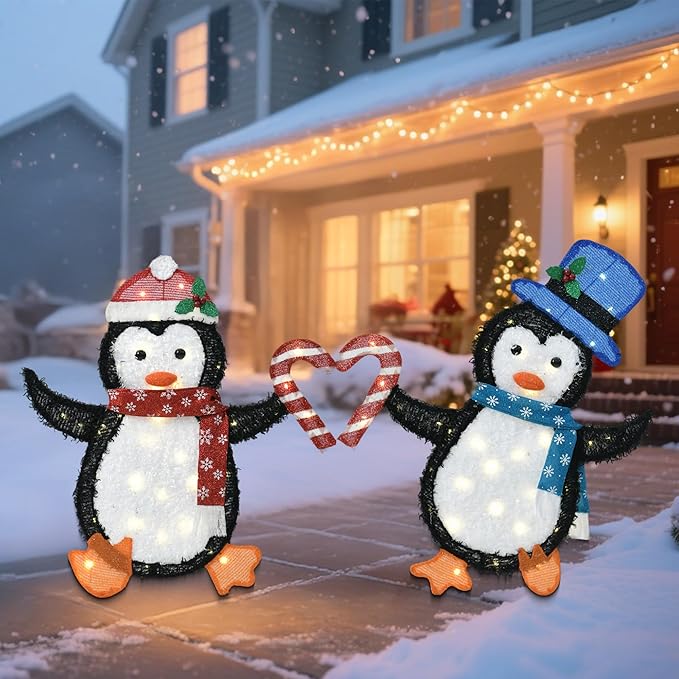 32" H Penguin Lights Outdoor Christmas Decorations, 2D Pre-lit Cute Holiday Lawn Lights Decors, Flat Xmas Yard Decor, 80 Warm White LEDs, Perfect for Garden, Driveway, Porch, 2-Piece Set